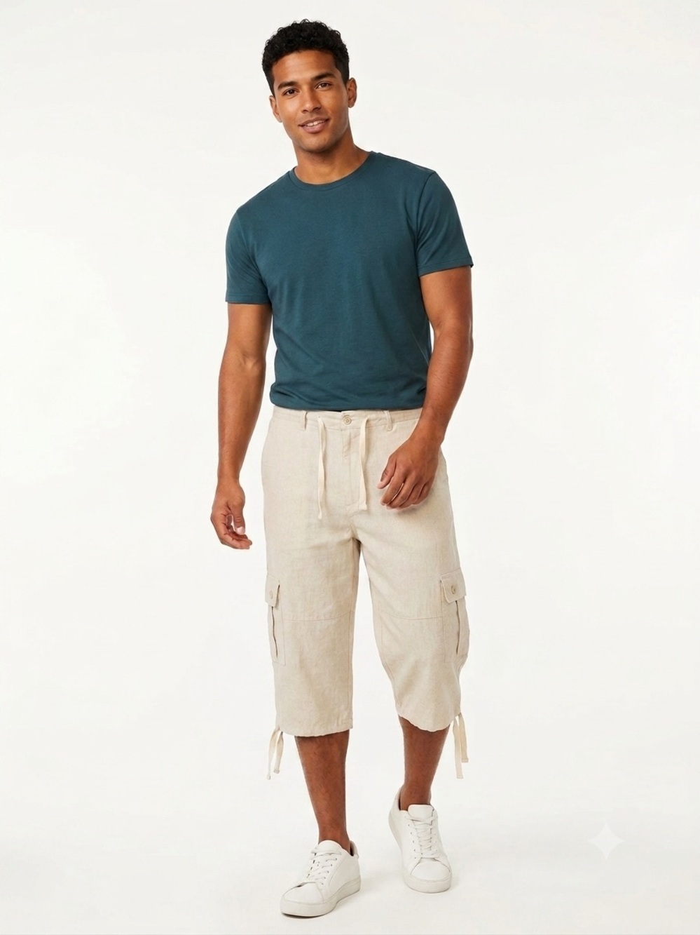 Trust Men Linen Cargo Shorts Messenger Capri 19" Natural Beige Size W36